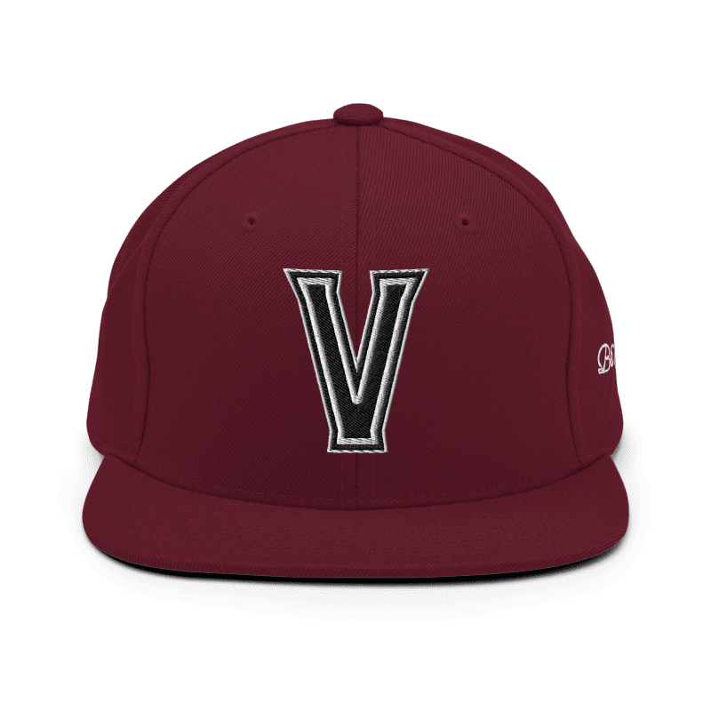 Maroon adjustable athletic cap with embroidered 'V' logo by Versatile Athletics Shop, ideal for sports and casual wear.